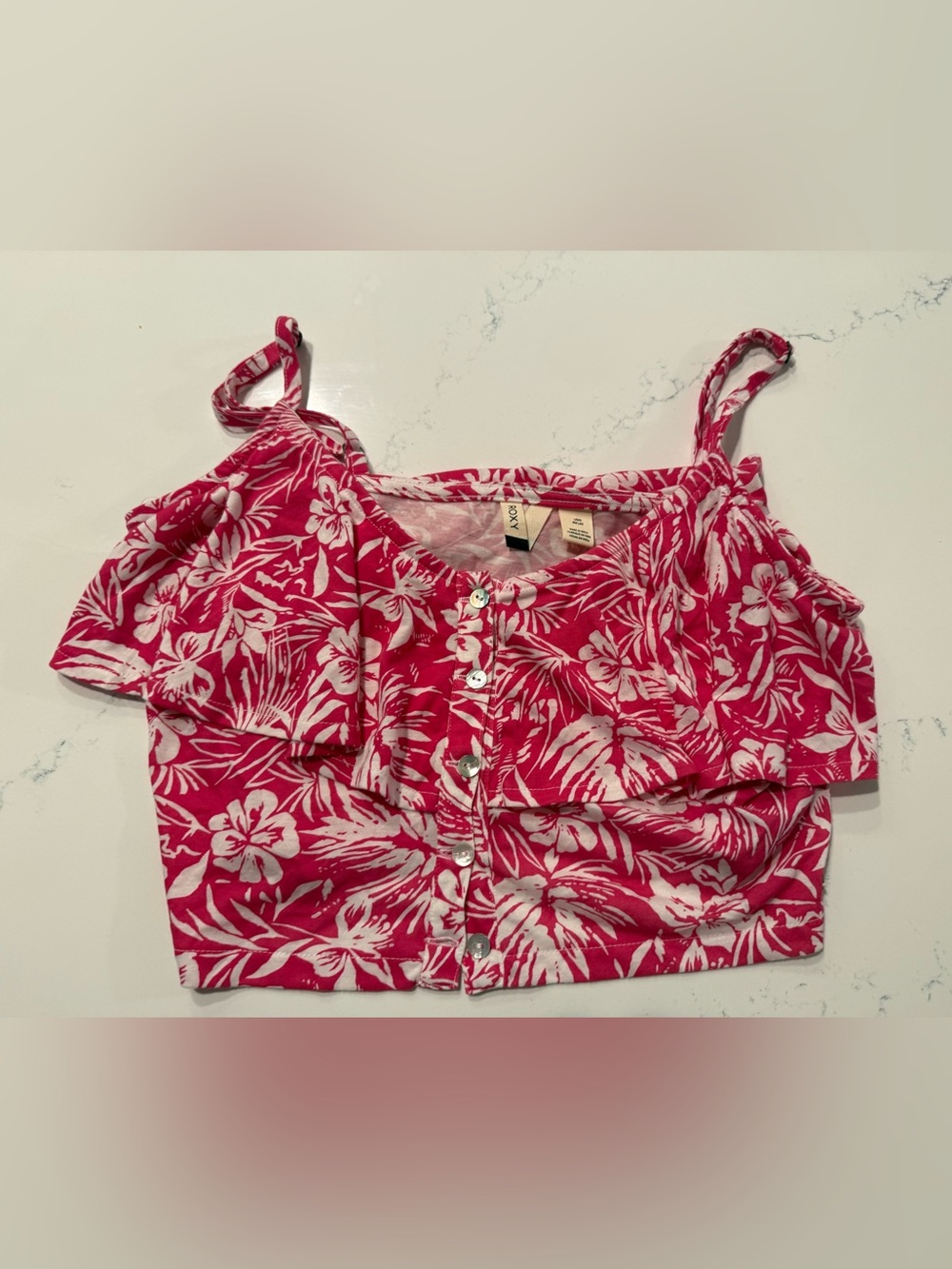 Roxy Pink and White Floral Button-Front Crop Top